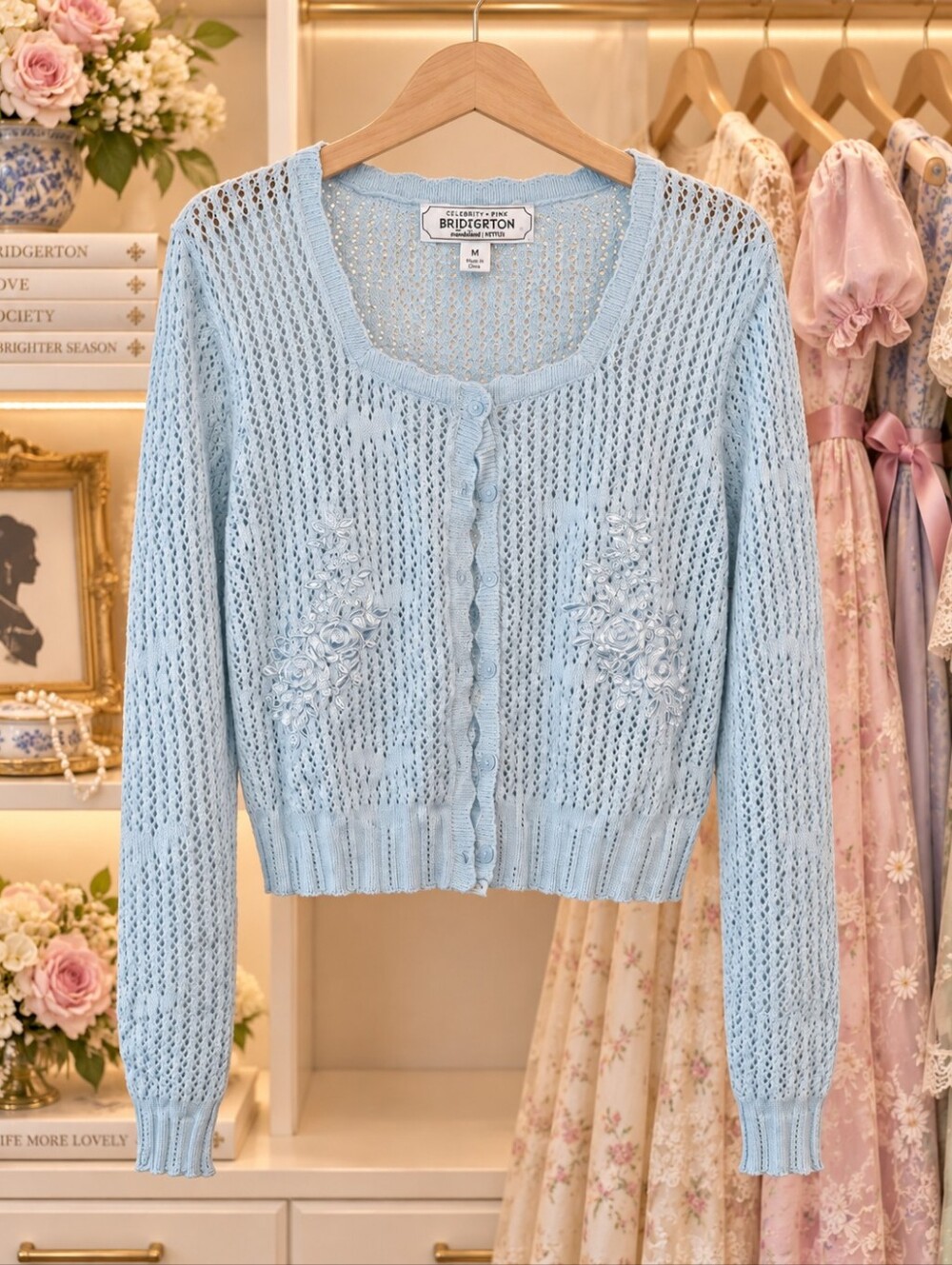 Bridgerton x Celebrity Pink Blue Floral Pointelle Cardigan Sweater M NWT